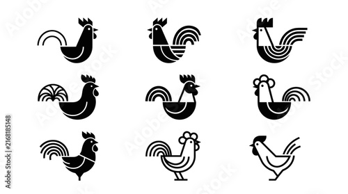 Minimalist rooster and chicken logo icons for agricultural branding identities.
