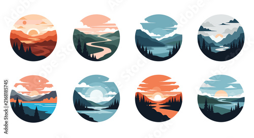 Set of circular landscape icons featuring mountains rivers forests and sunrises in various color palettes for nature and travel design.