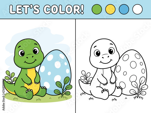 Coloring page for children featuring a cute baby dinosaur sitting next to a large spotted easter egg