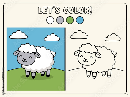 Educational coloring page for children featuring a cute cartoon sheep with a color reference guide