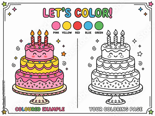 Educational coloring page for children featuring a cute three tier birthday cake with candles and color guide