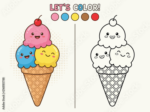 Cute ice cream cone coloring page for children with a colorful example and black and white outline