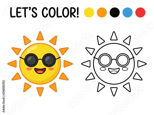 Educational coloring page for children featuring a cute cartoon sun wearing sunglasses with a color guide