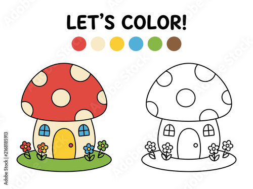 Coloring page for children with a cute mushroom house and a color guide for kids activity
