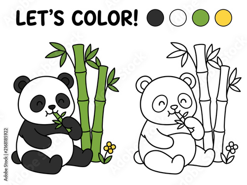 Educational coloring page for children featuring a cute panda eating bamboo with a color guide example