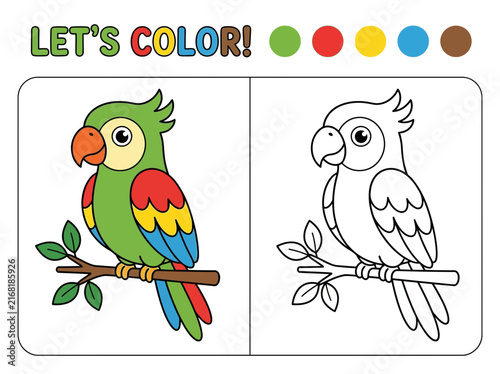 Educational coloring page for children featuring a cute parrot sitting on a branch with color guide