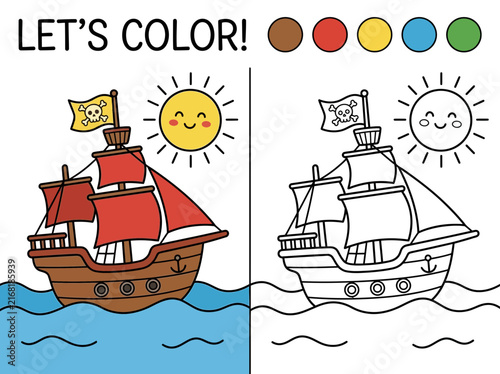 Educational coloring page for children featuring a cute pirate ship and a smiling sun on the sea