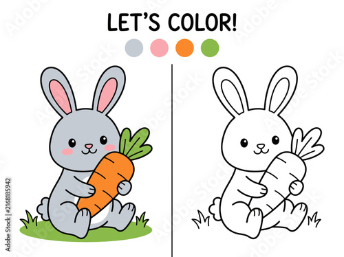 Educational coloring page for children featuring a cute cartoon rabbit holding a carrot with a color guide