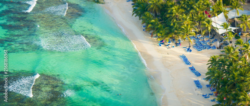Aerial view of an amazing caribbean beach and luxury resort in La Romana, Dominican Republic