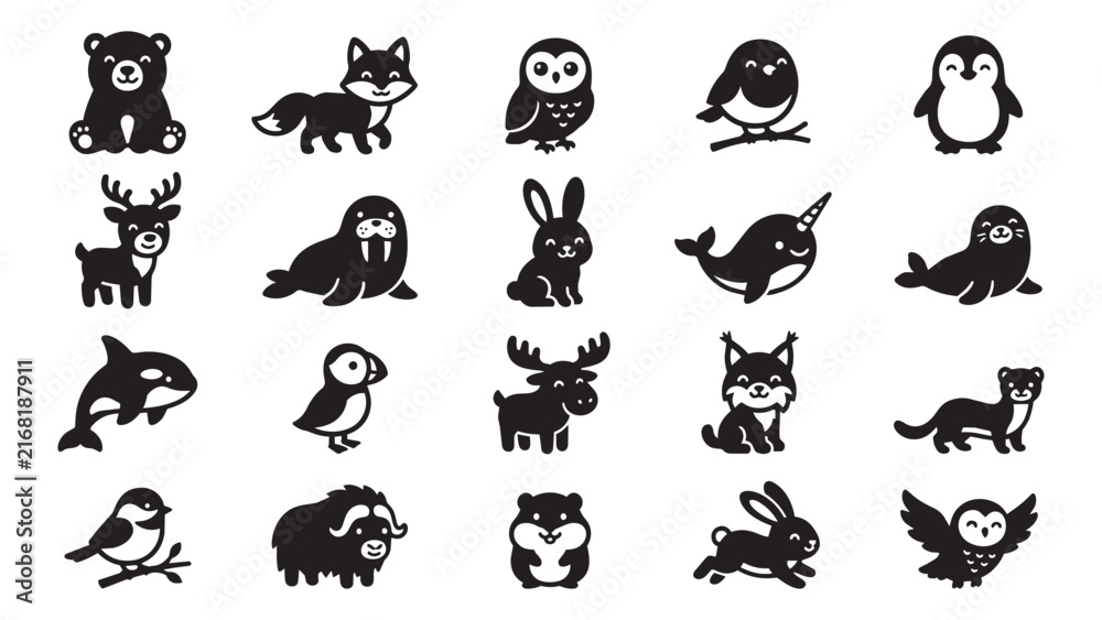 Fototapeta premium Set of cute animal silhouettes collection featuring arctic and wild creatures isolated on white background for children and educational design