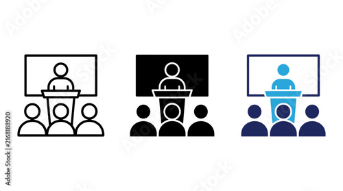 Presenter at a podium giving a professional speech to an audience of people shown in this minimalist vector graphic design