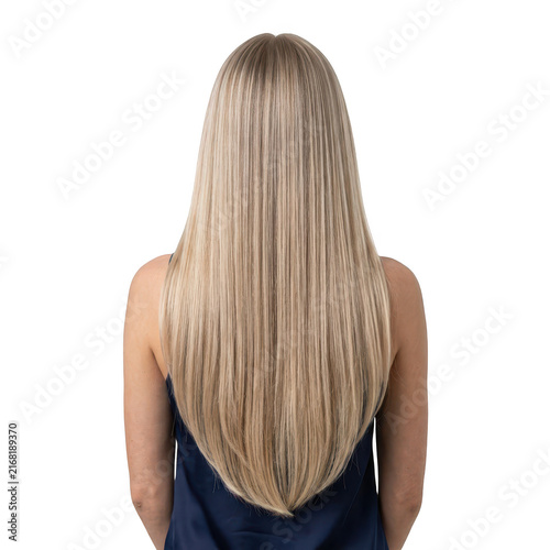 Rear view of woman with long straight blonde hair, straight