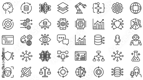 Big data line icon set. Collection of cloud storage, database management, network server and complex analytics outline vector symbols with editable stroke.
