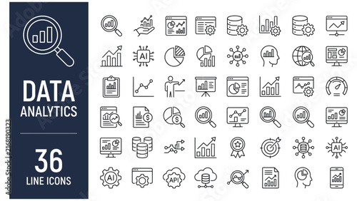 Data analytics line icon set. Collection of big data analysis, database, monitoring, computing, statistics and business intelligence outline vector symbols with editable stroke.
