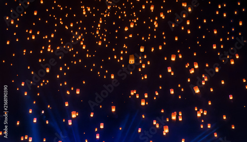 Tourist floating sky lanterns in Loy Krathong festival , Chiang Mai ,Thailand.