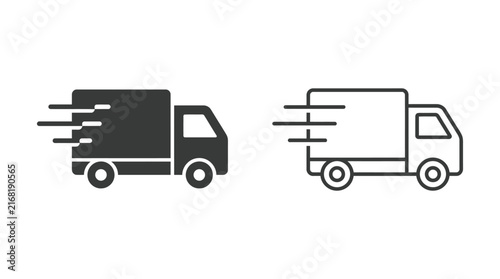 Fast delivery truck icons showing solid and outlined vehicle shapes for logistics services in clean simple black graphic style design on a plain white background