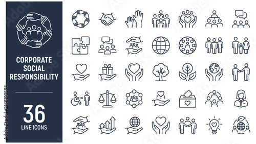 Corporate Social Responsibility Line Icon Set with Editable Stroke. Collection of community, cooperation, volunteering, diversity, inclusion, unity, teamwork, equity, partnership, and ethics symbols.