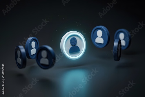 A 3d render of glowing blue human profile icons floating in a dark space, representing the concept of recruitment, talent acquisition, and professional networking.