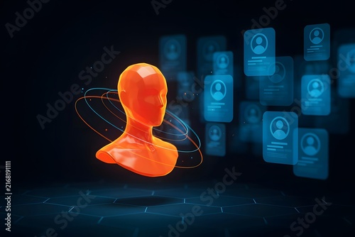 A cinematic 3d render of an orange human head bust surrounded by glowing rings, with blue profile data cards in the background, representing ai recruitment technology.