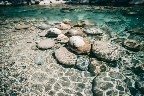 An overhead photo of crystal clear river water flowing over smooth river stones, capturing the serene beauty of nature and the refreshing clarity of a mountain stream.