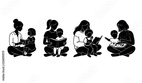 Four mother and child reading book silhouettes representing childhood literacy early learning storytelling and meaningful family connection