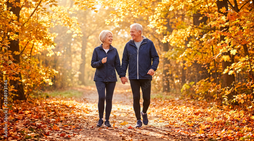 Obraz premium Happy senior husband and wife holding hands while walking along rural dirt path through bright yellow autumn forest trees wearing blue activewear