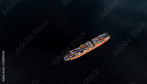 Aerial view of a container ship transporting goods across the ocean