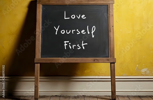 Chalkboard with text written LOVE YOURSELF FIRST, positive self-talk affirmation, put yourself as first priority with self-love and self-respect