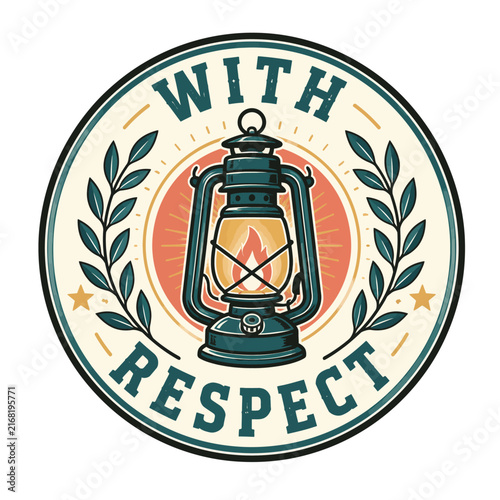 With Respect Memorial Lantern Badge Design with Vintage Flame and Laurel Illustration