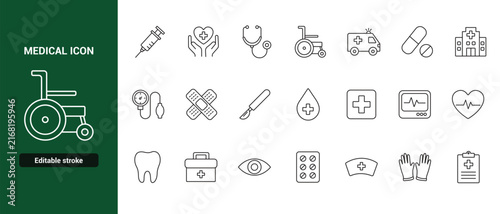 Set of medical featuring healthcare symbols, including syringe, stethoscope, ambulance, hospital, and first aid kit in outline style