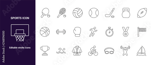 Set of thin line sports including balls, equipment, athletes, and trophies on a white background, with a dark, purple sidebar