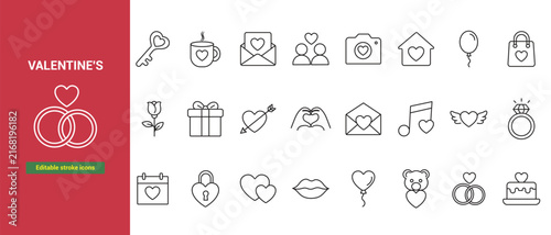 Set of valentine's day line featuring hearts, rings, gifts, and romantic symbols on a white background, with a red sidebar