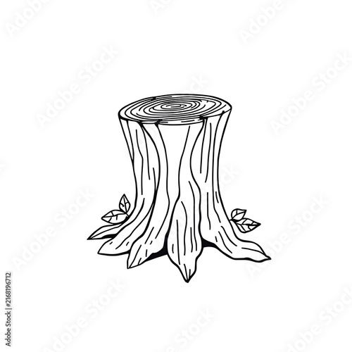 Black outline illustration of a cut tree trunk and stump with growth rings, bark details, roots, and leaves on a white background.