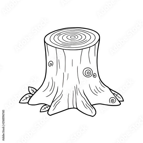 Black outline illustration of a cut tree trunk and stump with growth rings, bark details, roots, and leaves on a white background.