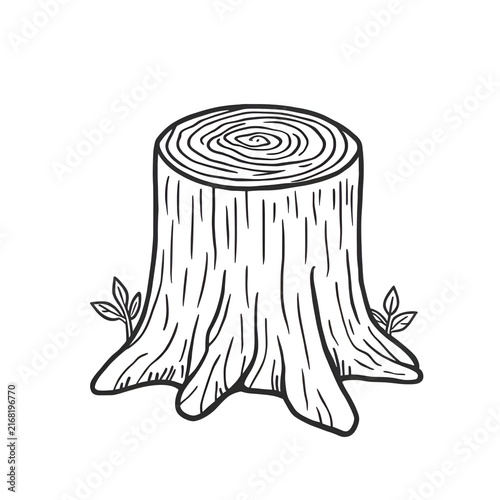 Black outline illustration of a cut tree trunk and stump with growth rings, bark details, roots, and leaves on a white background.