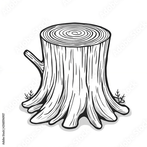 Black outline illustration of a cut tree trunk and stump with growth rings, bark details, roots, and leaves on a white background.