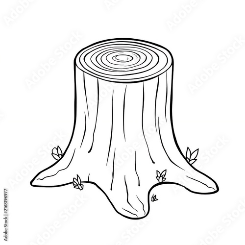 Simple Tree Stump Line Art Illustration with Leaves/ Hand Drawn Tree Stump Outline Isolated on White/ tree stump clip art
