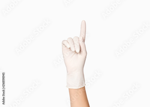 Hand in White Medical Glove Pointing Upward Isolated