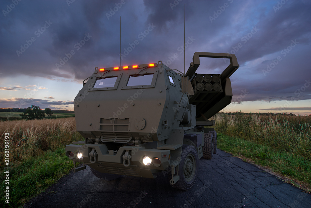 Naklejka premium HIMARS rocket launchers on combat duty.3D rendering.