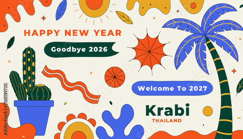 new year celebration in krabi thailand, tropical palm tree and cactus