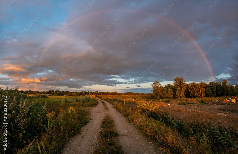 Naklejka premium A magnificent and beautiful rainbow after an evening rainfall