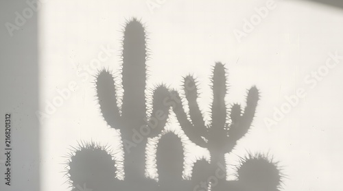 Spiky cactus silhouette shadow overlay on white wall in morning light