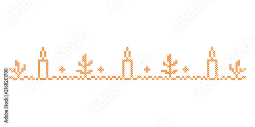 Cross stitch Halloween border and trim layout. Spooky embroidery folk art decoration element. Candle and branch ribbon motif for digital crafting and seasonal autumn holiday design.