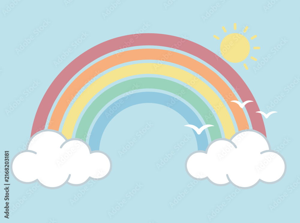 Fototapeta premium Minimalist vector rainbow features clouds, sun and flying seagulls against a blue background. Ideal for nursery prints, children apparel, and greeting cards.