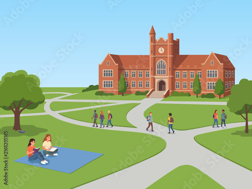 landscape view university students walking campus college university building learning lifestyle establishment