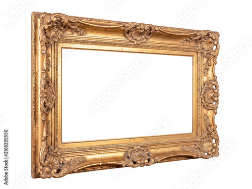Fotografie Elegant antique golden ornate picture frame with baroque carvings, rectangular, angled, on transparent background