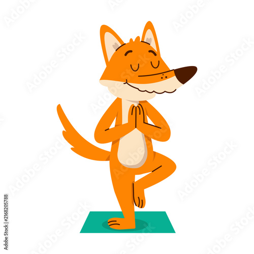 A calm orange fox balances in a tree yoga pose on a teal mat, eyes closed and hands together, creating a peaceful cartoon illustration 