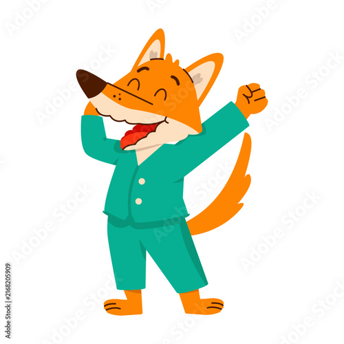 A sleepy orange fox wears teal pajamas and stretches with eyes closed, showing a relaxed bedtime mood in a clean cartoon illustration 