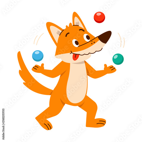 A cheerful orange fox juggles three colorful balls while walking, showing an energetic circus-inspired pose in a playful cartoon illustration.