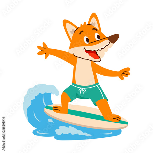 Canvas Print An energetic orange fox balances on a teal surfboard over a blue wave, wearing s